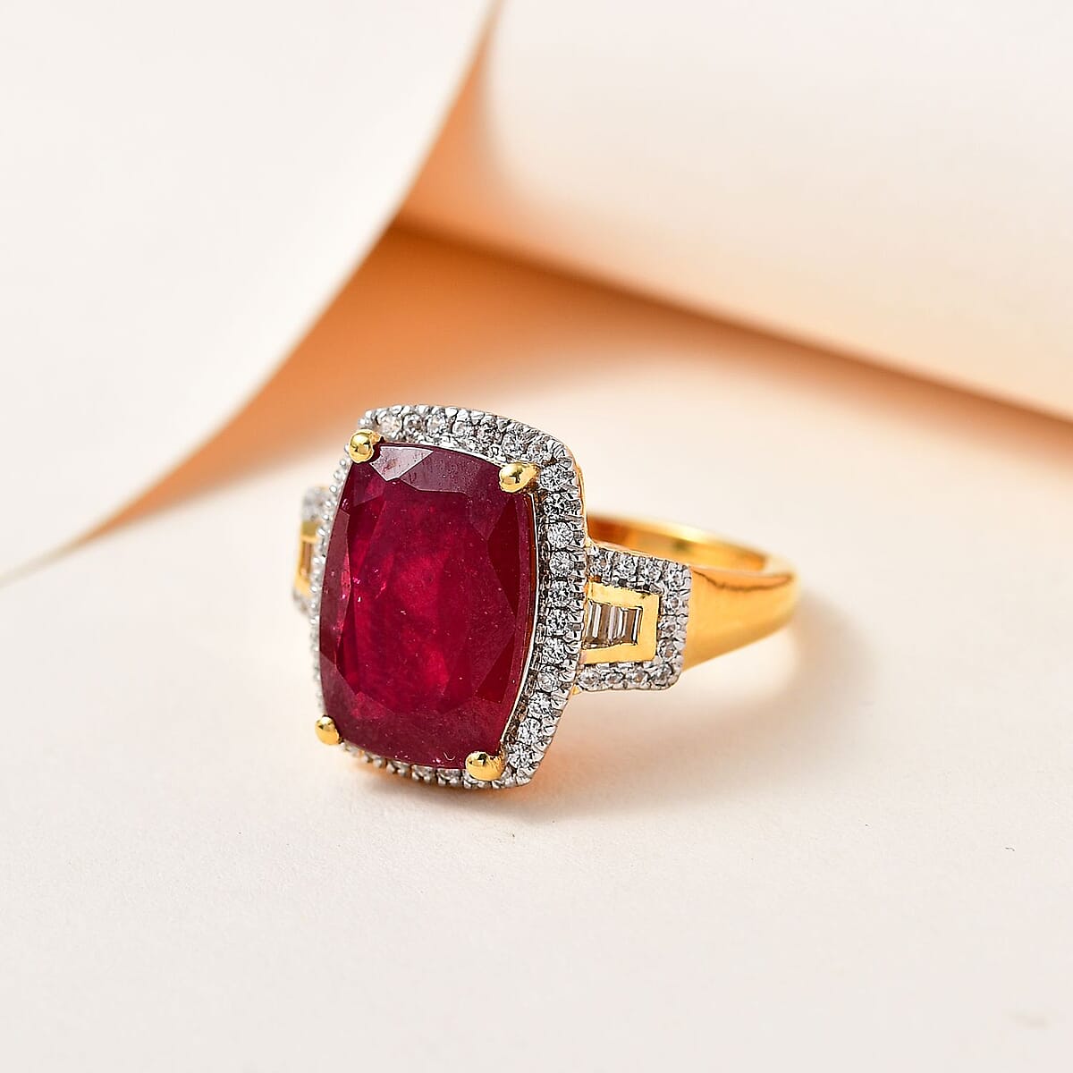 Niassa Ruby (FF) and White Zircon Halo Ring in Vermeil Yellow Gold Over Sterling Silver (Size 10.0) 11.60 ctw (Del. in 8-10 Days) image number 1