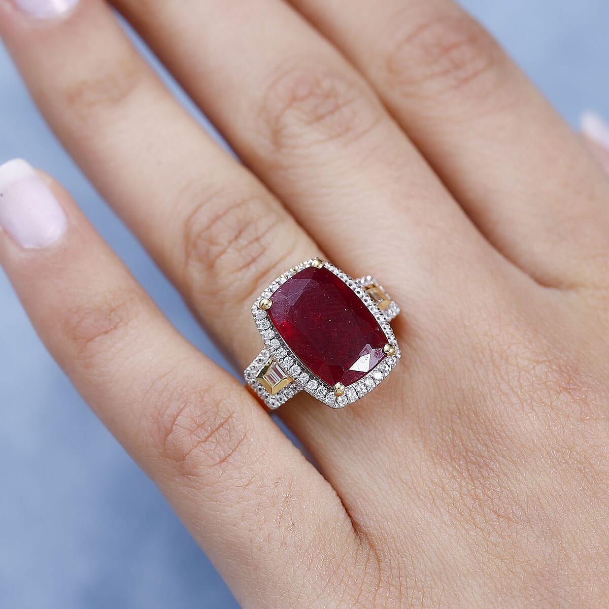 Niassa Ruby (FF) and White Zircon Halo Ring in Vermeil Yellow Gold Over Sterling Silver (Size 10.0) 11.60 ctw (Del. in 8-10 Days) image number 2