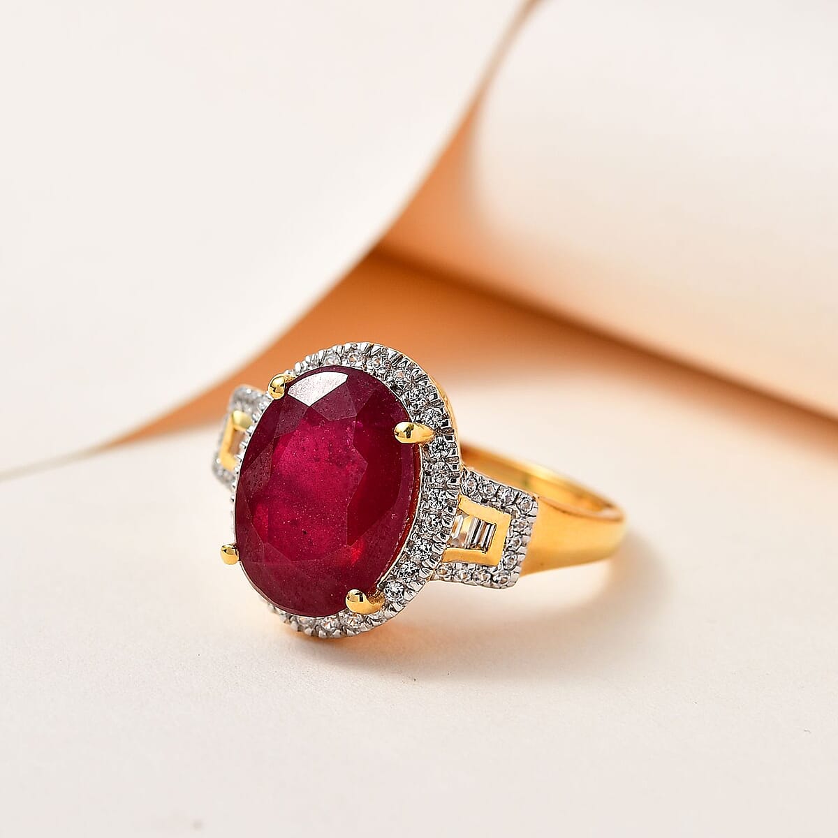 Niassa Ruby (FF) and White Zircon Halo Ring in Vermeil Yellow Gold Over Sterling Silver (Size 8.0) 9.10 ctw image number 1