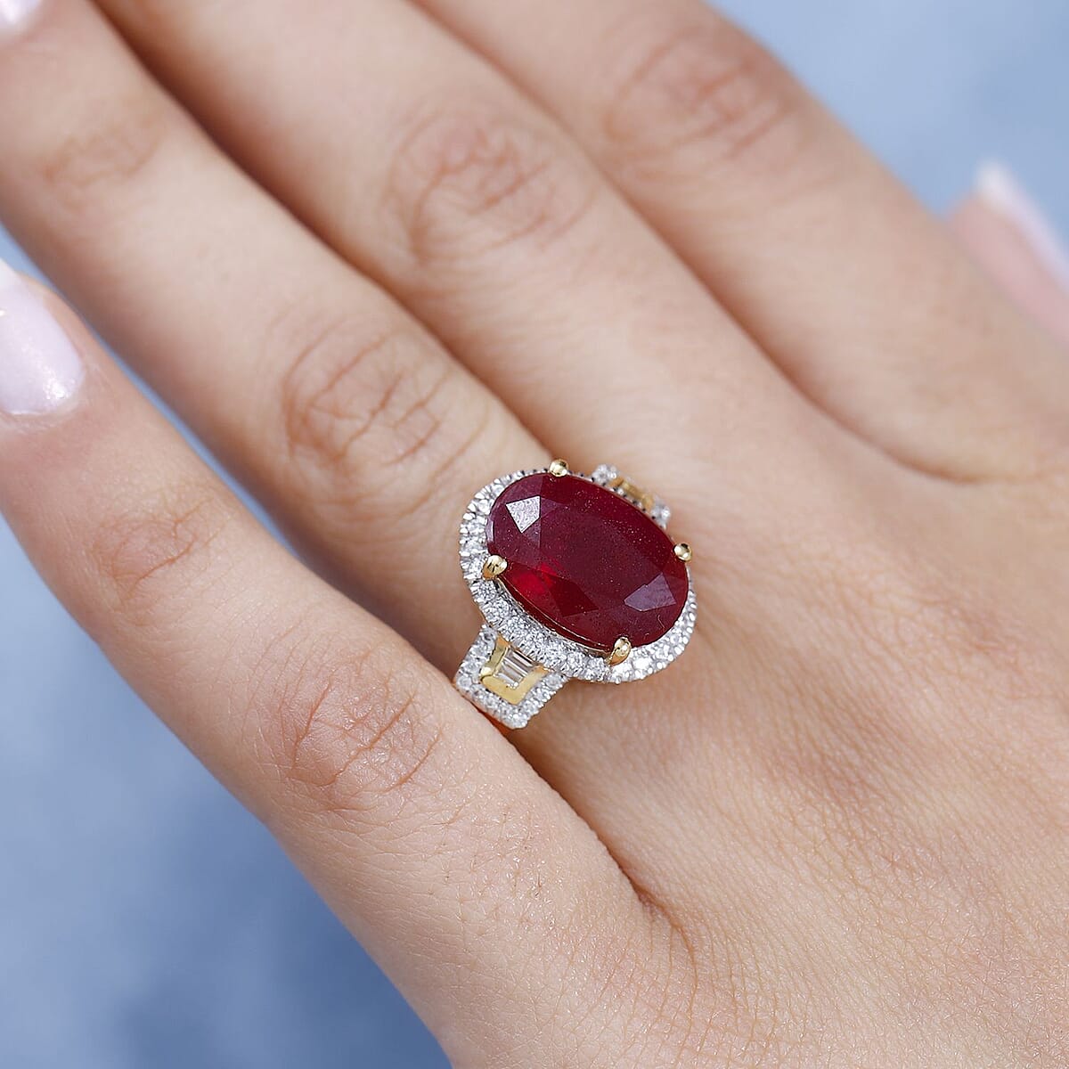 Niassa Ruby (FF) and White Zircon Halo Ring in Vermeil Yellow Gold Over Sterling Silver (Size 8.0) 9.10 ctw image number 2