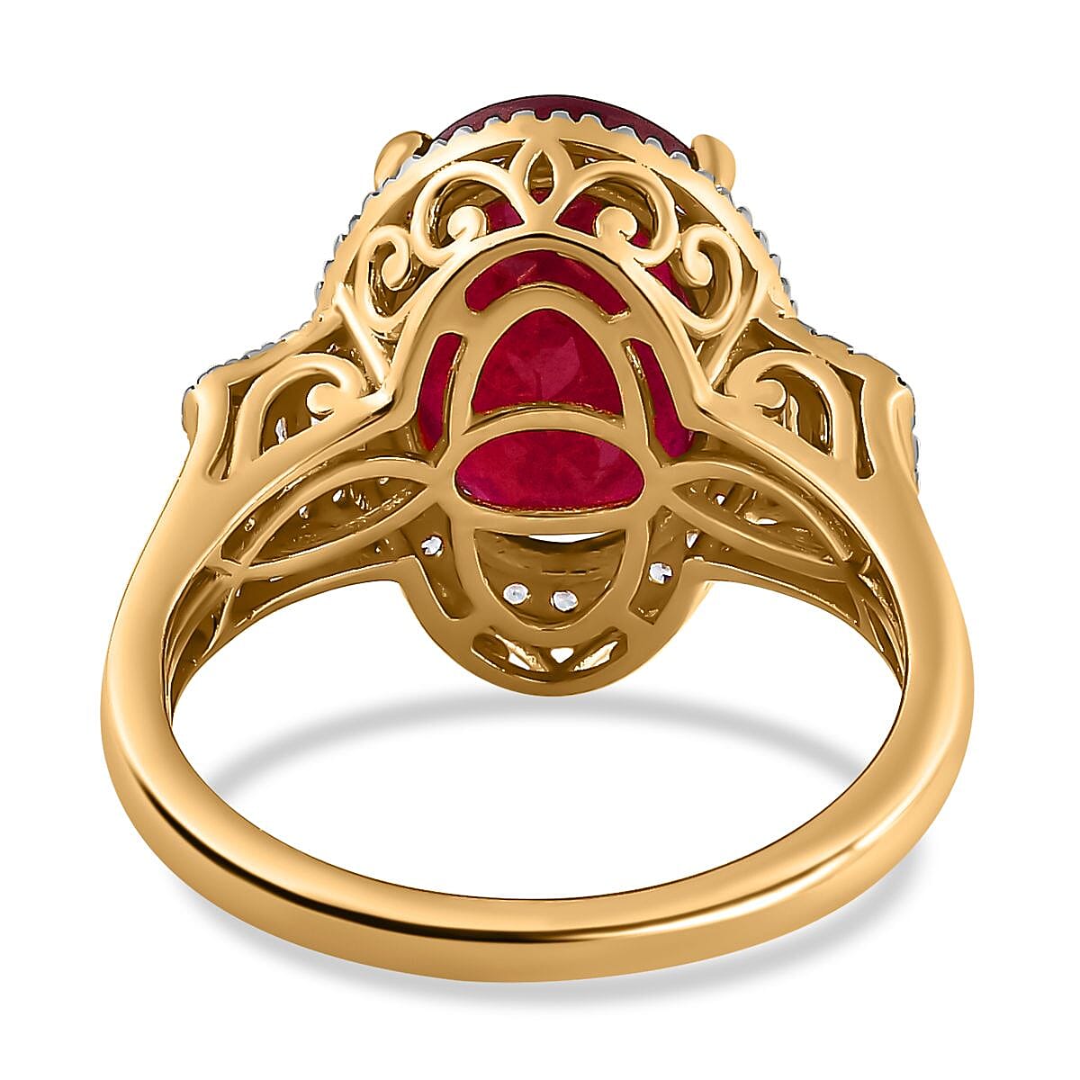 Niassa Ruby (FF) and White Zircon Halo Ring in Vermeil Yellow Gold Over Sterling Silver (Size 8.0) 9.10 ctw image number 4
