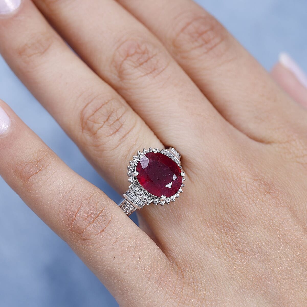 Niassa Ruby (FF) and White Topaz Ring in Platinum Over Sterling Silver (Size 10.0) 7.40 ctw (Del. in 8-10 Days) image number 2
