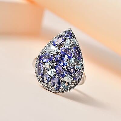 Tanzanite and Multi Gemstone Cocktail Ring in Platinum Over Sterling Silver (Size 10.0) 3.75 ctw