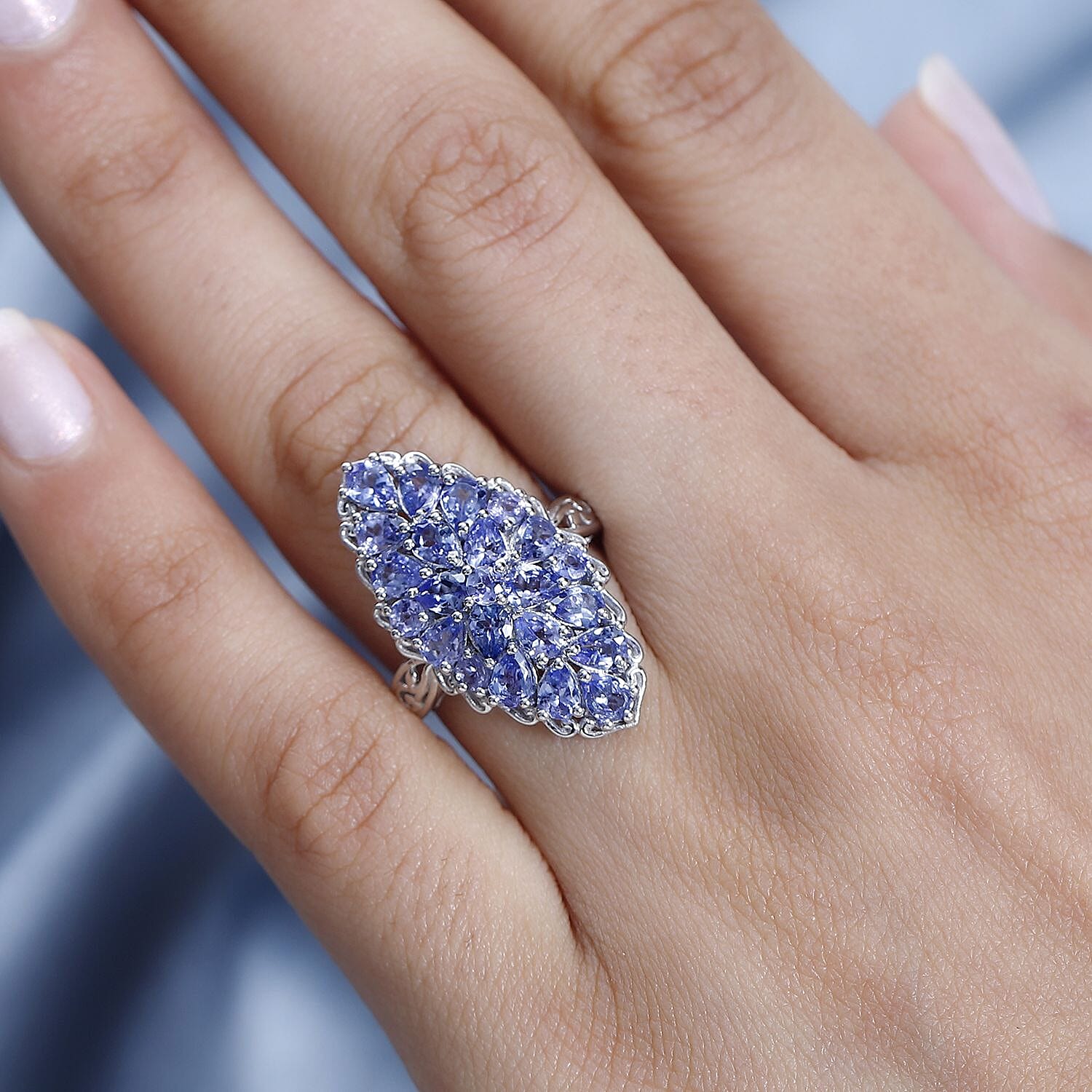 Tanzanite Elongated Ring in Platinum Over Sterling Silver (Size 10.0) 3.00 ctw