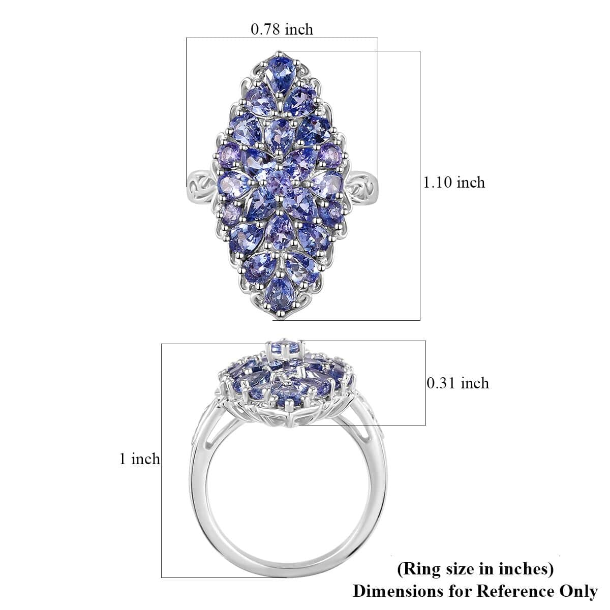 Tanzanite Elongated Ring in Platinum Over Sterling Silver (Size 5.0) 3.00 ctw image number 5