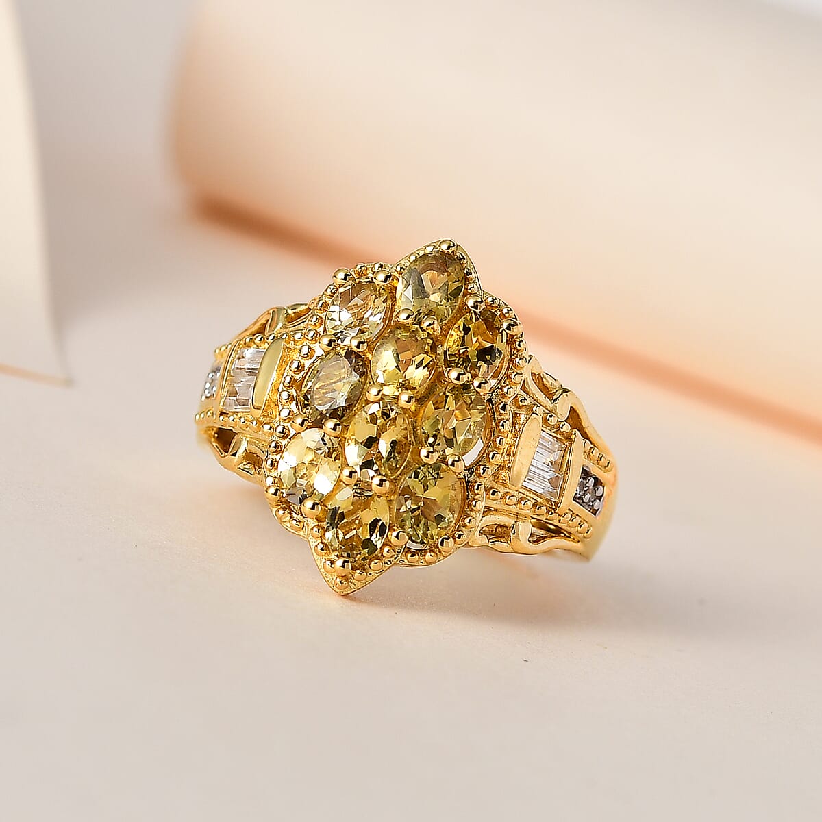 Golden Tanzanite and White Zircon Ring in Vermeil Yellow Gold Over Sterling Silver (Size 10.0) 2.00 ctw image number 1