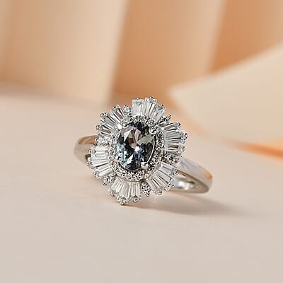 Green Tanzanite and White Zircon 2.15 ctw Ballerina Ring in Platinum Over Sterling Silver (Size 10.0)
