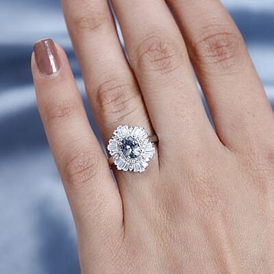 Green Tanzanite and White Zircon 2.15 ctw Ballerina Ring in Platinum Over Sterling Silver (Size 10.0)