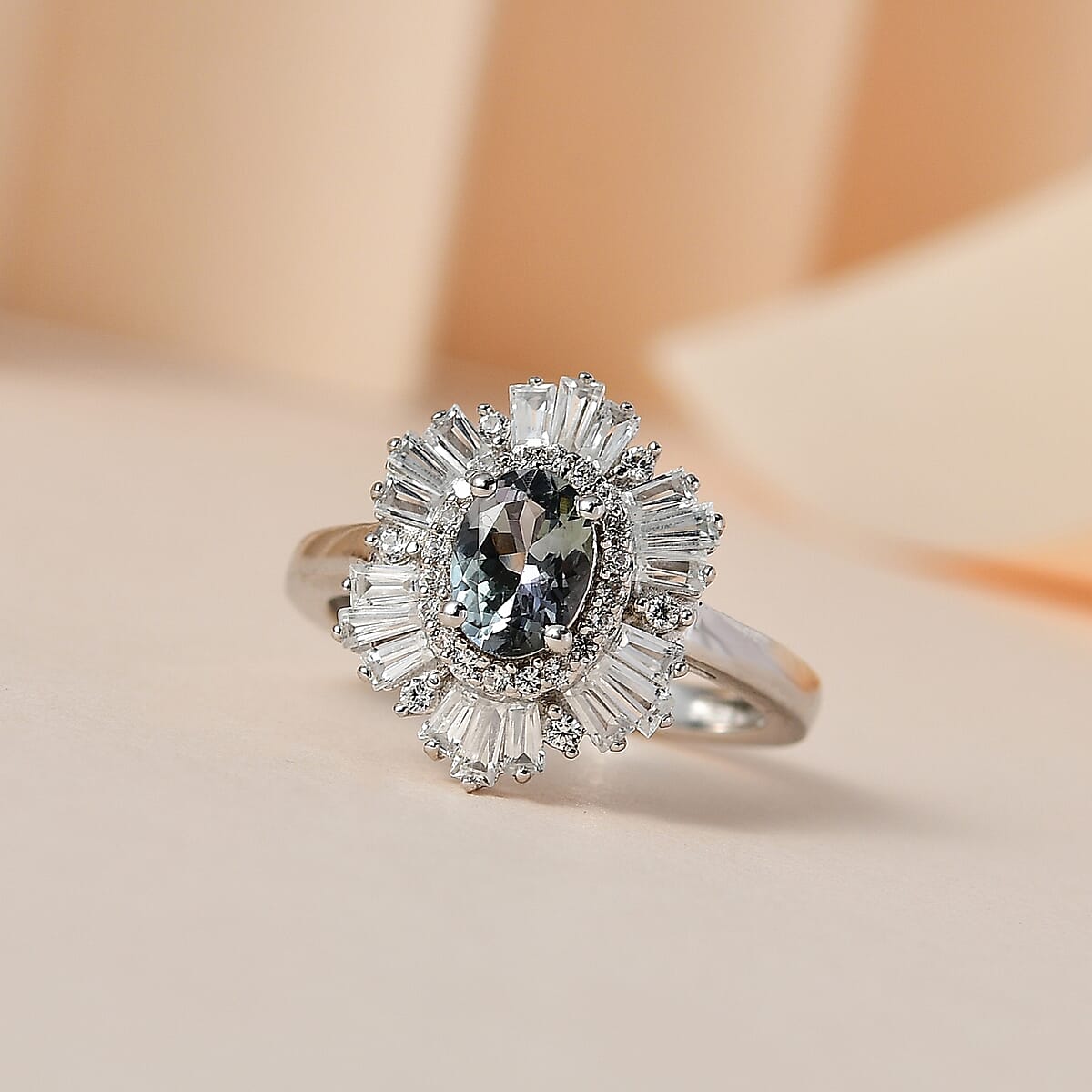 Green Tanzanite and White Zircon Ballerina Ring in Platinum Over Sterling Silver (Size 9.0) 2.15 ctw image number 1