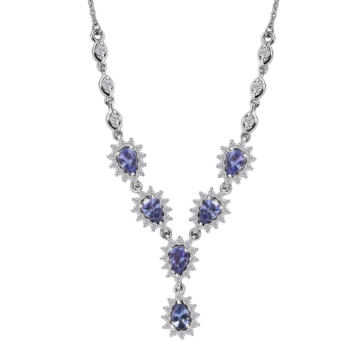 Tanzanite and White Zircon Sunburst Necklace 18-20 Inches in Platinum Over Sterling Silver 4.00 ctw image number 0