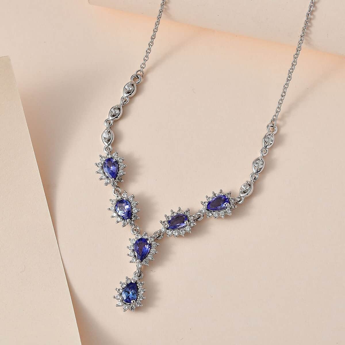 Tanzanite and White Zircon Sunburst Necklace 18-20 Inches in Platinum Over Sterling Silver 4.00 ctw image number 1