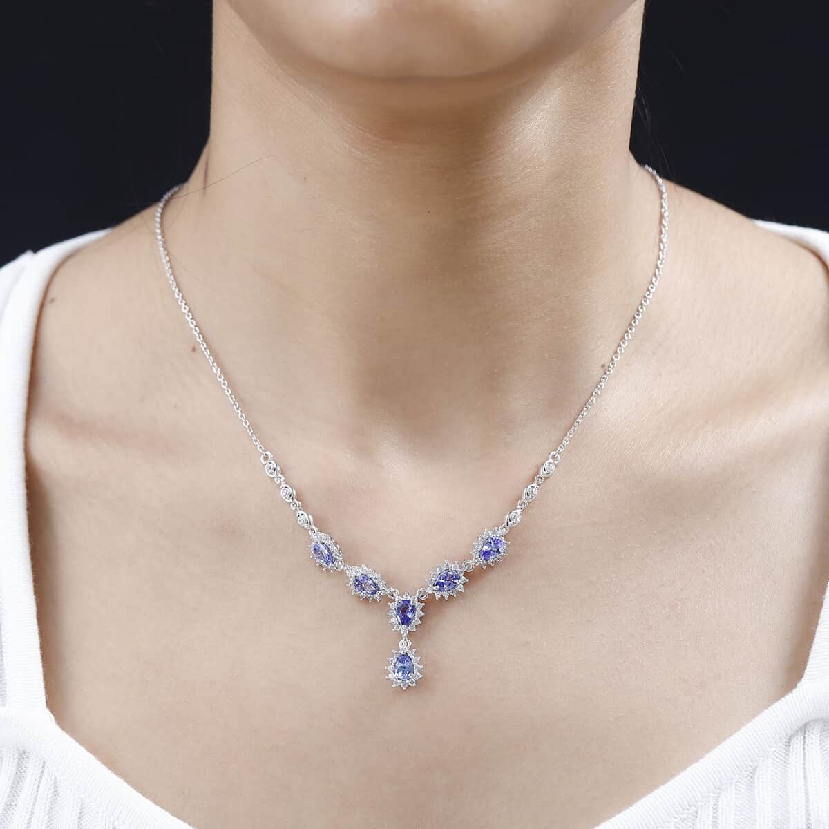 Tanzanite and White Zircon Sunburst Necklace 18-20 Inches in Platinum Over Sterling Silver 4.00 ctw image number 2