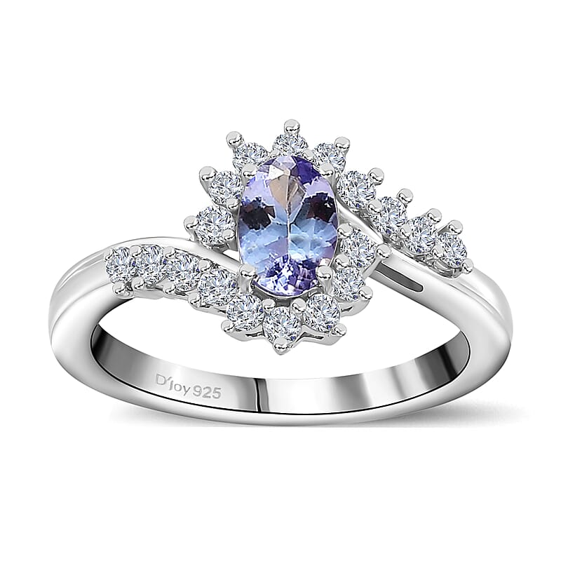 Peacock Tanzanite and White Zircon Bypass Ring in Platinum Over Sterling Silver (Size 10.0) 0.75 ctw