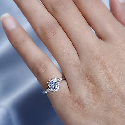 Peacock Tanzanite and White Zircon Bypass Ring in Platinum Over Sterling Silver (Size 10.0) 0.75 ctw