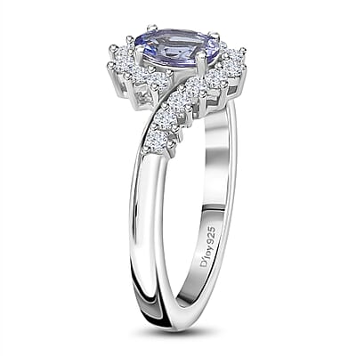 Peacock Tanzanite and White Zircon Bypass Ring in Platinum Over Sterling Silver (Size 10.0) 0.75 ctw