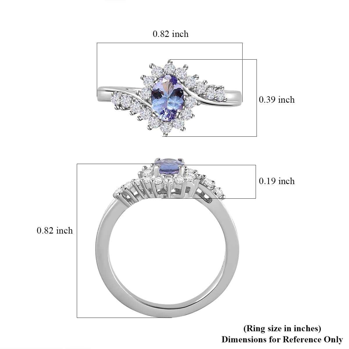 Peacock Tanzanite and White Zircon Bypass Ring in Platinum Over Sterling Silver (Size 10.0) 0.75 ctw image number 5