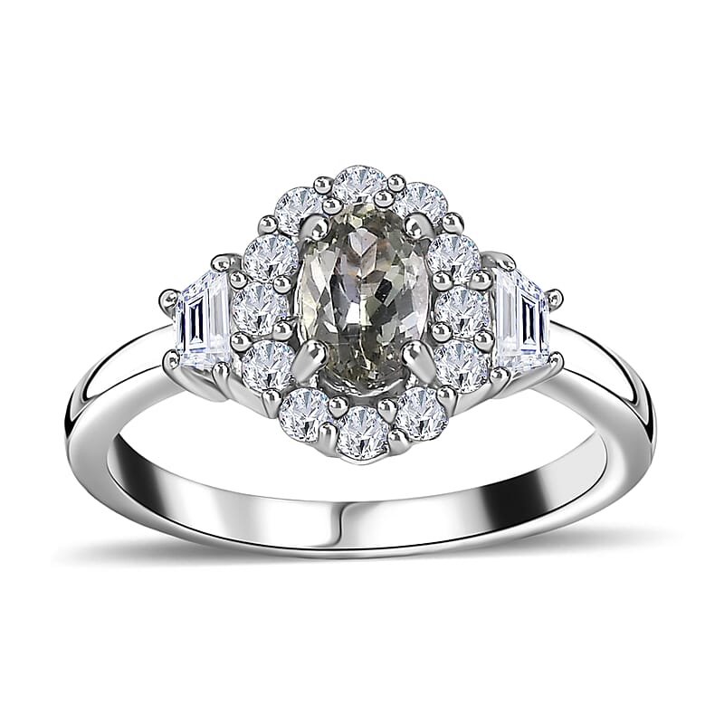 Green Tanzanite and White Zircon Halo Ring in Platinum Over Sterling Silver (Size 10.0) 1.25 ctw