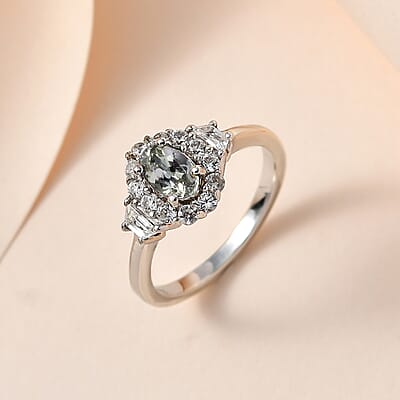 Green Tanzanite and White Zircon Halo Ring in Platinum Over Sterling Silver (Size 10.0) 1.25 ctw