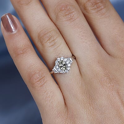Green Tanzanite and White Zircon Halo Ring in Platinum Over Sterling Silver (Size 10.0) 1.25 ctw