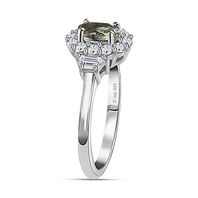 Green Tanzanite and White Zircon Halo Ring in Platinum Over Sterling Silver (Size 10.0) 1.25 ctw
