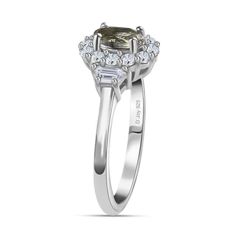 Green Tanzanite and White Zircon Halo Ring in Platinum Over Sterling Silver (Size 10.0) 1.25 ctw