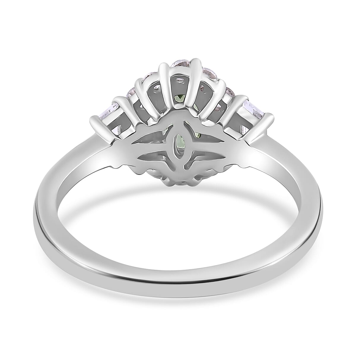 Green Tanzanite and White Zircon Halo Ring in Platinum Over Sterling Silver (Size 10.0) 1.25 ctw
