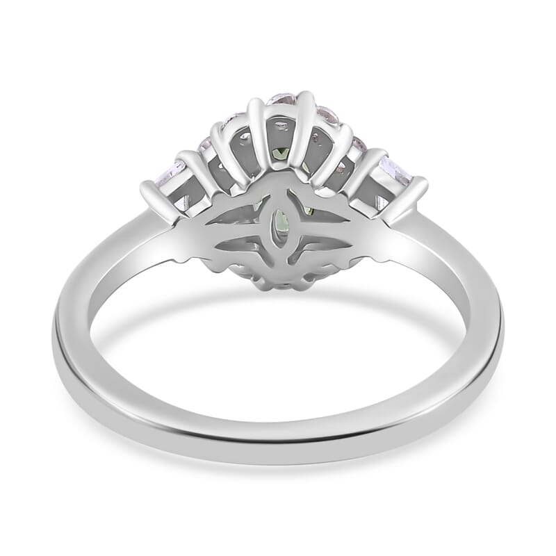 Green Tanzanite and White Zircon Halo Ring in Platinum Over Sterling Silver (Size 10.0) 1.25 ctw