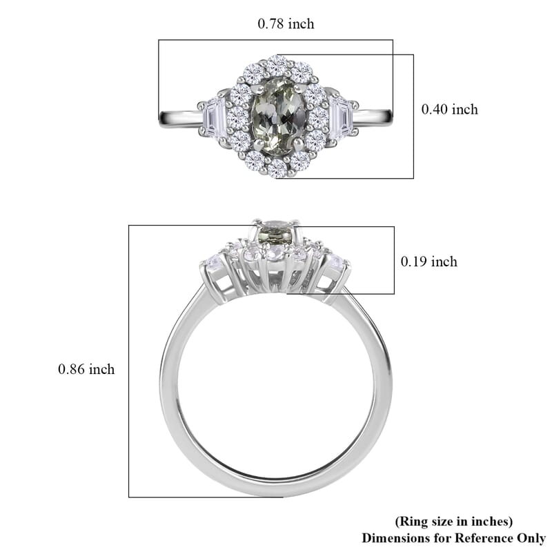 Green Tanzanite and White Zircon Halo Ring in Platinum Over Sterling Silver (Size 10.0) 1.25 ctw