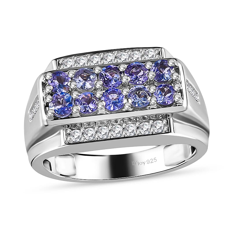 Tanzanite and White Zircon Men's Ring in Platinum Over Sterling Silver (Size 10.0) 1.50 ctw