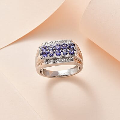 Tanzanite and White Zircon Men's Ring in Platinum Over Sterling Silver (Size 10.0) 1.50 ctw