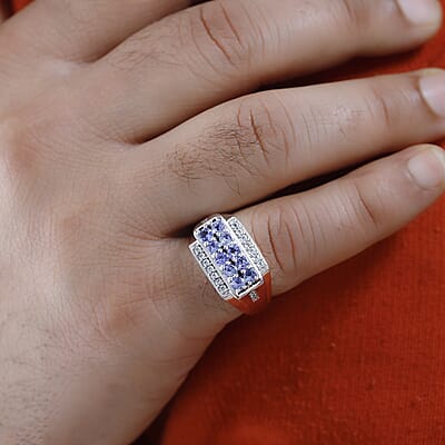 Tanzanite and White Zircon Men's Ring in Platinum Over Sterling Silver (Size 10.0) 1.50 ctw