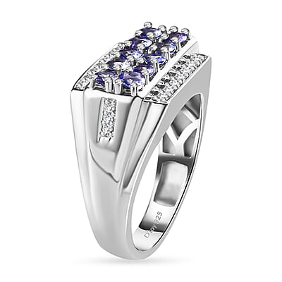 Tanzanite and White Zircon Men's Ring in Platinum Over Sterling Silver (Size 10.0) 1.50 ctw