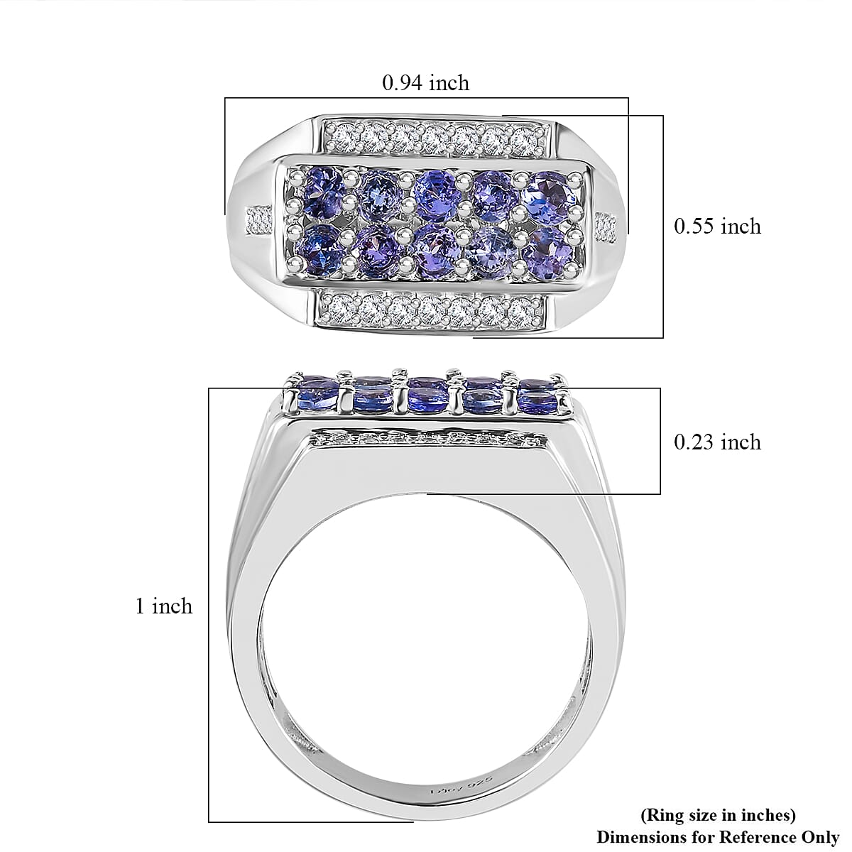 Tanzanite and White Zircon Men's Ring in Platinum Over Sterling Silver (Size 10.0) 1.50 ctw