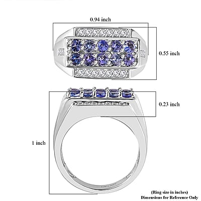 Tanzanite and White Zircon Men's Ring in Platinum Over Sterling Silver (Size 10.0) 1.50 ctw