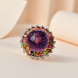 Starburst Cut African Amethyst, Multi-Tourmaline and White Zircon Floral Ring in Vermeil Yellow Gold Over Sterling Silver (Size 10.0) 14.50 ctw