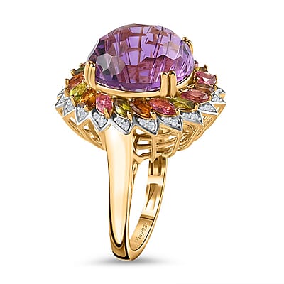 Starburst Cut African Amethyst, Multi-Tourmaline and White Zircon Floral Ring in Vermeil Yellow Gold Over Sterling Silver (Size 10.0) 14.50 ctw