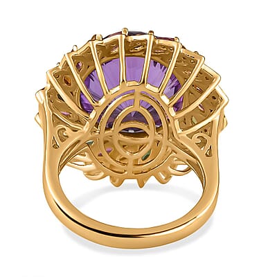 Starburst Cut African Amethyst, Multi-Tourmaline and White Zircon Floral Ring in Vermeil Yellow Gold Over Sterling Silver (Size 10.0) 14.50 ctw