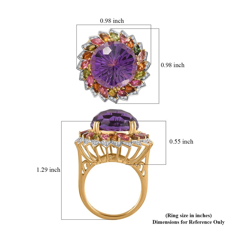Starburst Cut African Amethyst, Multi-Tourmaline and White Zircon Floral Ring in Vermeil Yellow Gold Over Sterling Silver (Size 10.0) 14.50 ctw