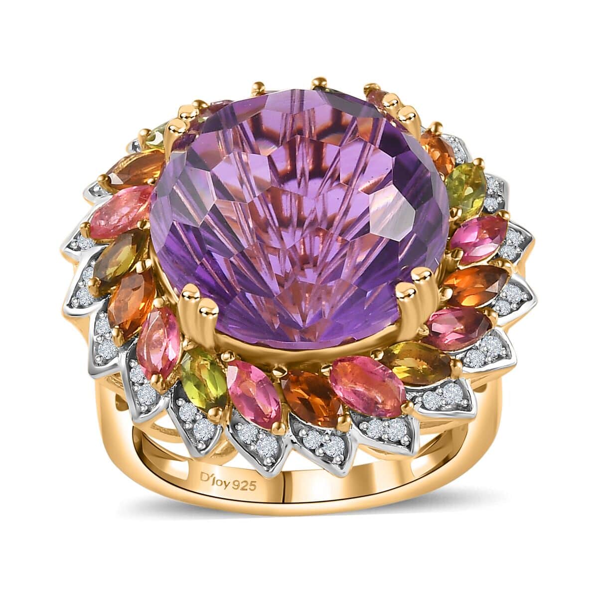 Starburst Cut African Amethyst, Multi-Tourmaline and White Zircon Floral Ring in Vermeil Yellow Gold Over Sterling Silver (Size 7.0) 15.25 ctw image number 0