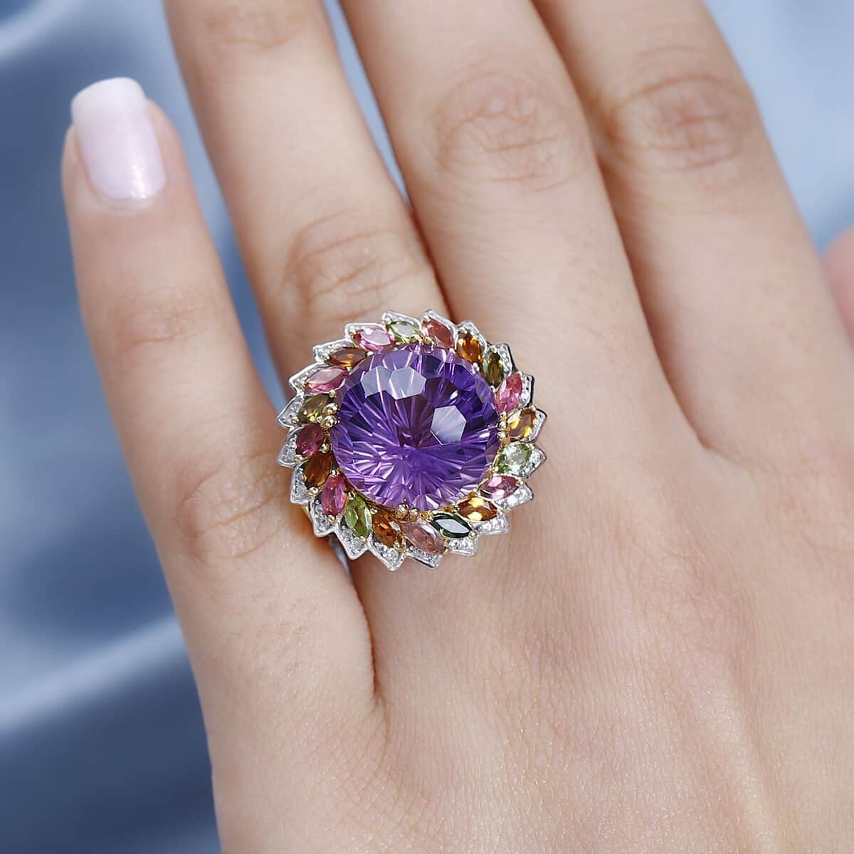 Starburst Cut African Amethyst, Multi-Tourmaline and White Zircon Floral Ring in Vermeil Yellow Gold Over Sterling Silver (Size 7.0) 15.25 ctw image number 2