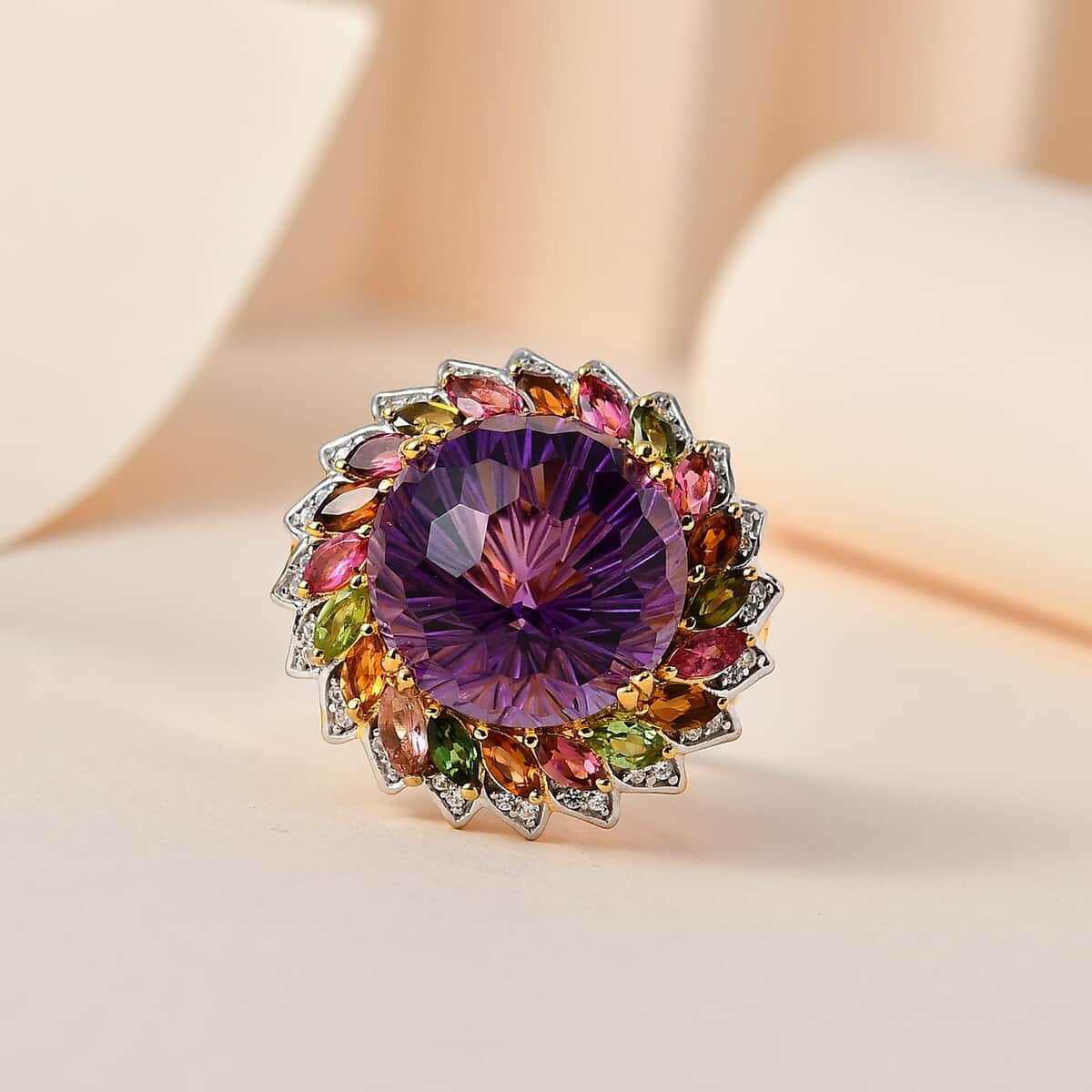 Starburst Cut African Amethyst, Multi-Tourmaline and White Zircon Floral Ring in Vermeil Yellow Gold Over Sterling Silver (Size 8.0) 14.50 ctw image number 1