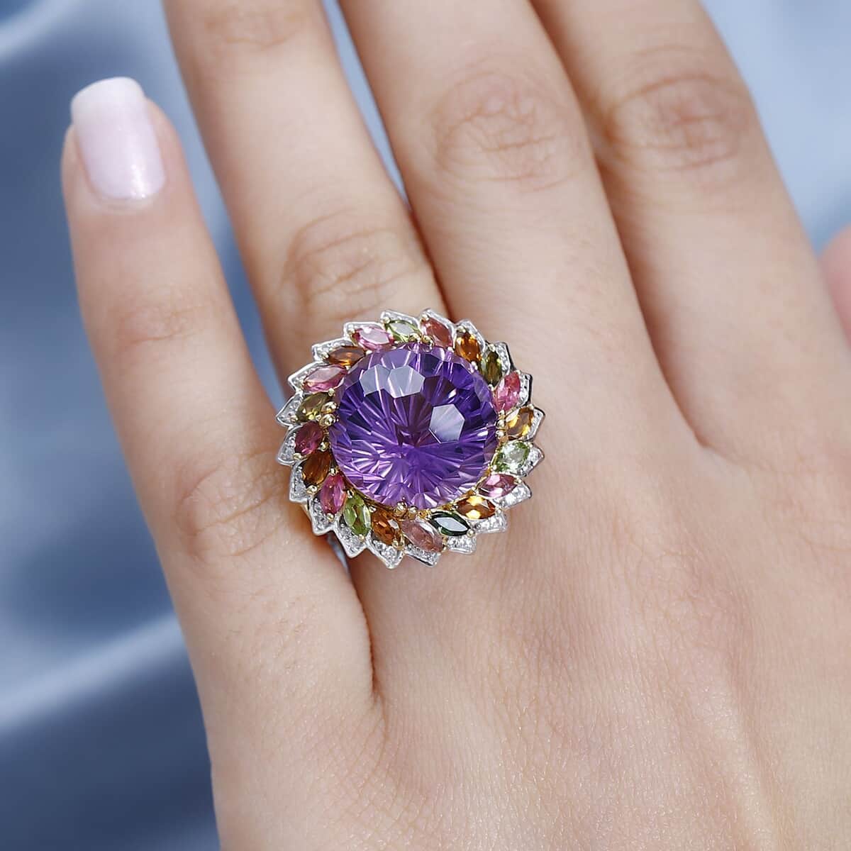 Starburst Cut African Amethyst, Multi-Tourmaline and White Zircon Floral Ring in Vermeil Yellow Gold Over Sterling Silver (Size 8.0) 14.50 ctw image number 2