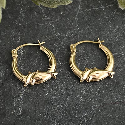 14K Yellow Gold Dolphin Hoop Earrings 0.48 Grams
