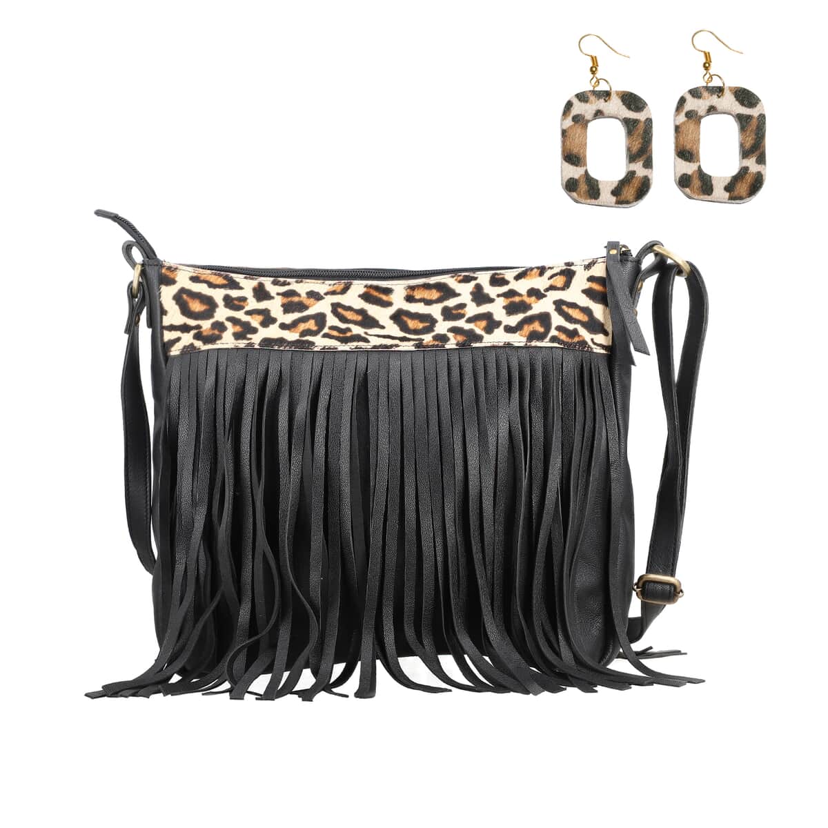 Black Genuine Leather Leopard Print RFID Messenger Sling Bag (12"x1.5"x11") with Fringes and Leather Earrings image number 0