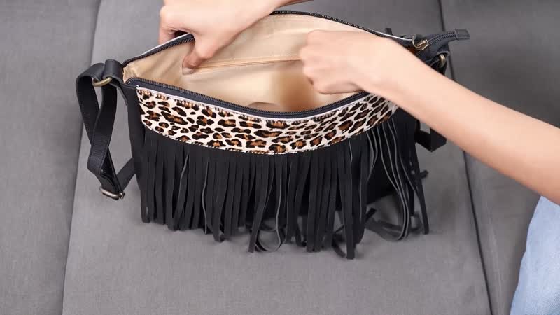 Black Genuine Leather Leopard Print RFID Messenger Sling Bag (12"x1.5"x11") with Fringes and Leather Earrings