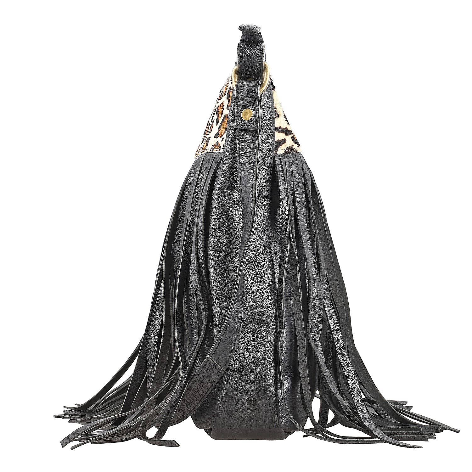 Black Genuine Leather Leopard Print RFID Messenger Sling Bag with Fringes and Leather Earrings