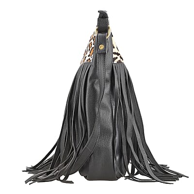 Black Genuine Leather Leopard Print RFID Messenger Sling Bag with Fringes and Leather Earrings