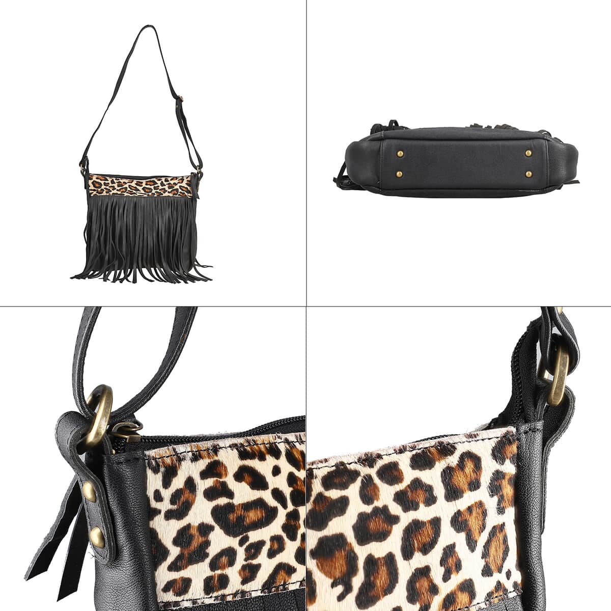 Black Genuine Leather Leopard Print RFID Messenger Sling Bag (12"x1.5"x11") with Fringes and Leather Earrings image number 6
