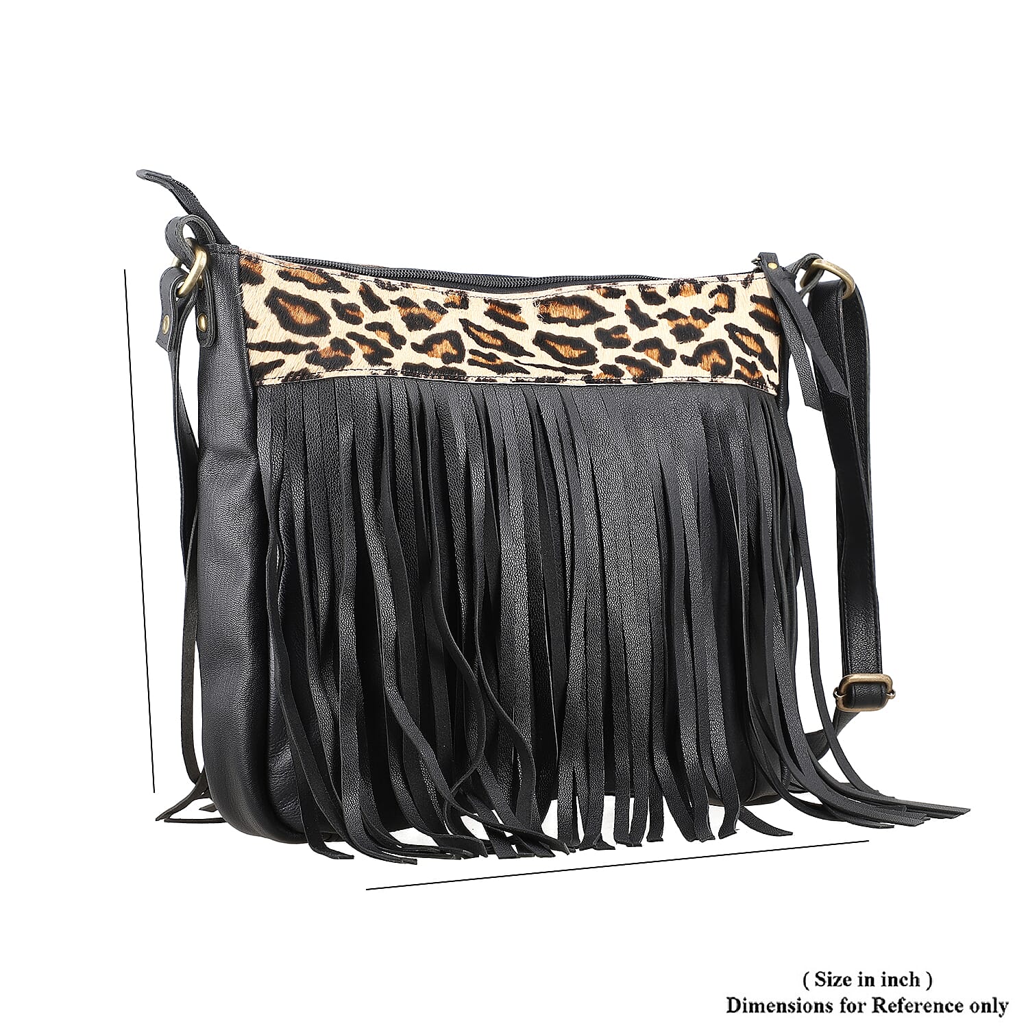 Black Genuine Leather Leopard Print RFID Messenger Sling Bag with Fringes and Leather Earrings