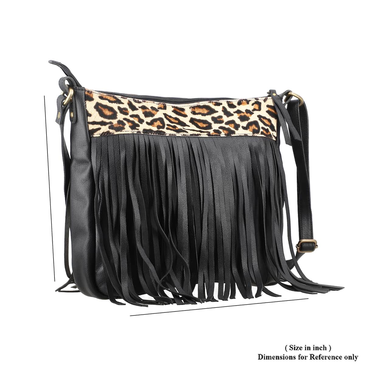 Black Genuine Leather Leopard Print RFID Messenger Sling Bag (12"x1.5"x11") with Fringes and Leather Earrings image number 7